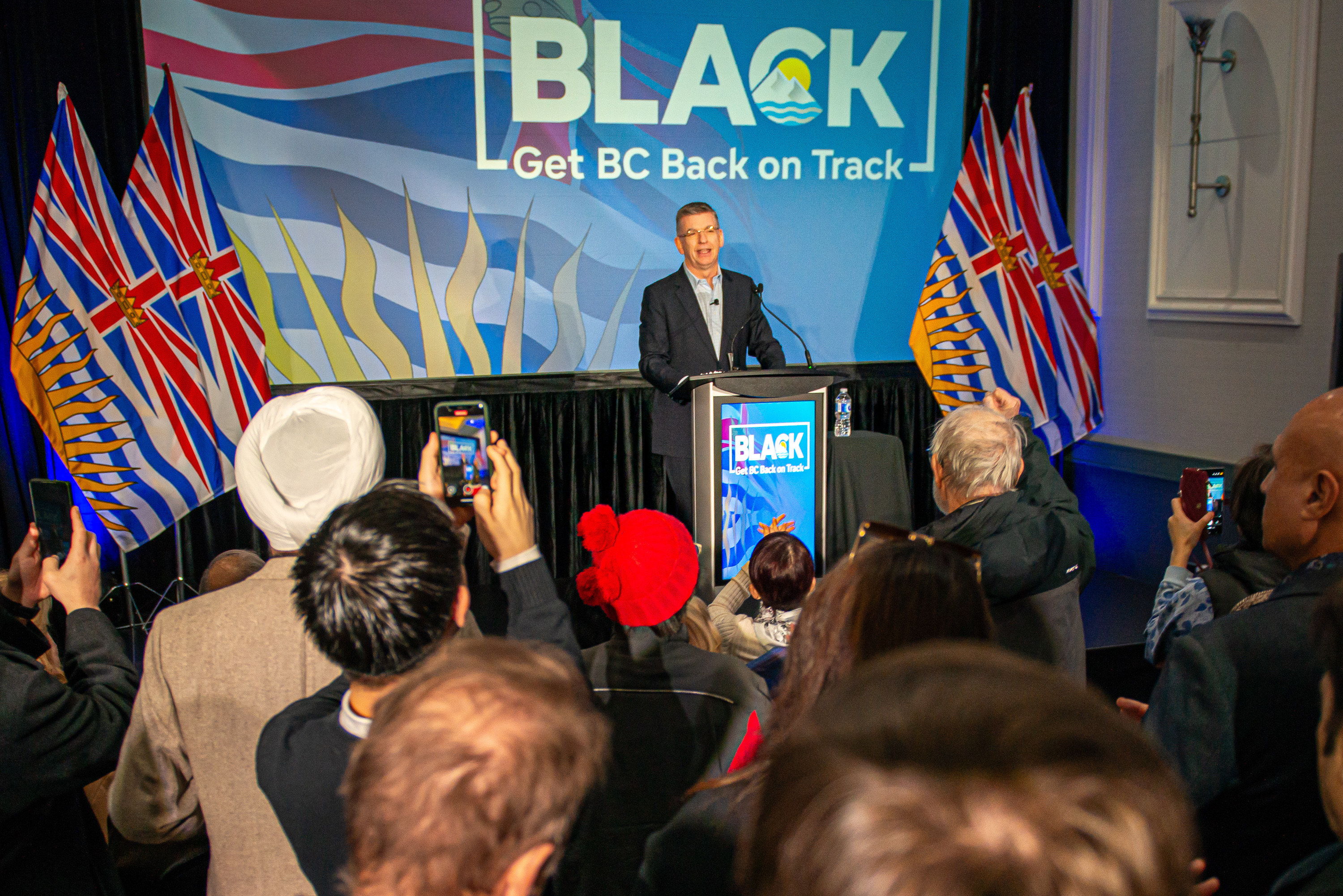 Iain Black speaking to a crowd of supporters at the Leadership Campaign Launch for the Conservative Party of B.C.